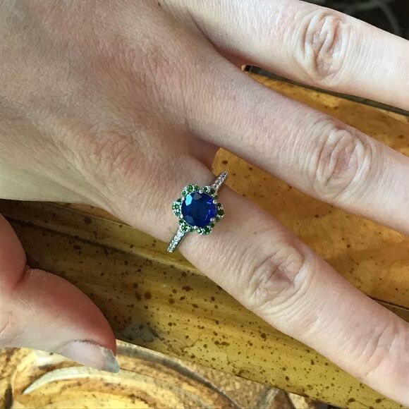 Natural Blue Spinel Chrome Diopside Sterling Silver Ring Size 8 - Picture 3 of 8